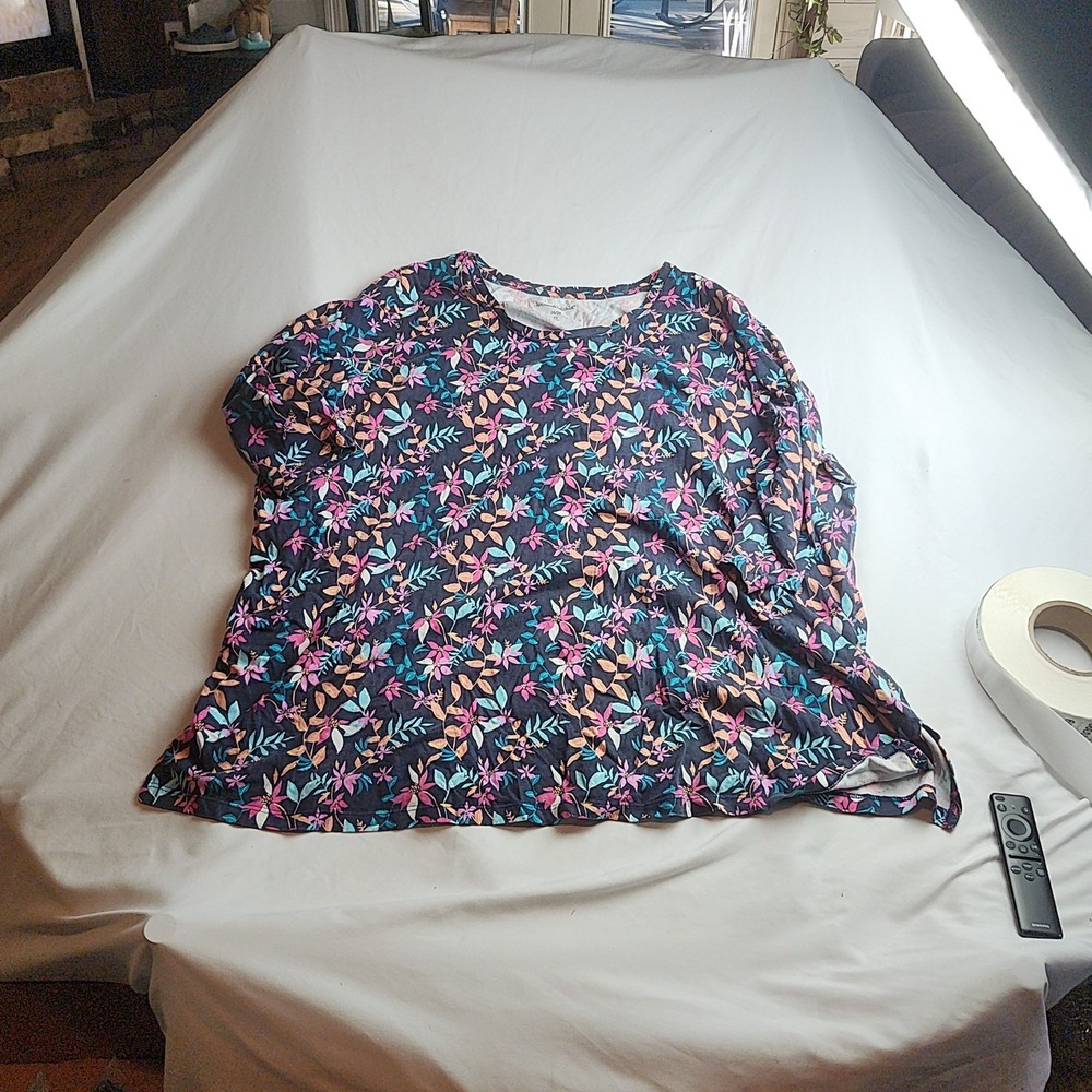 Woman Within Floral Print Long Sleeve Peplum Top Navy Blue Plus Size 2X
